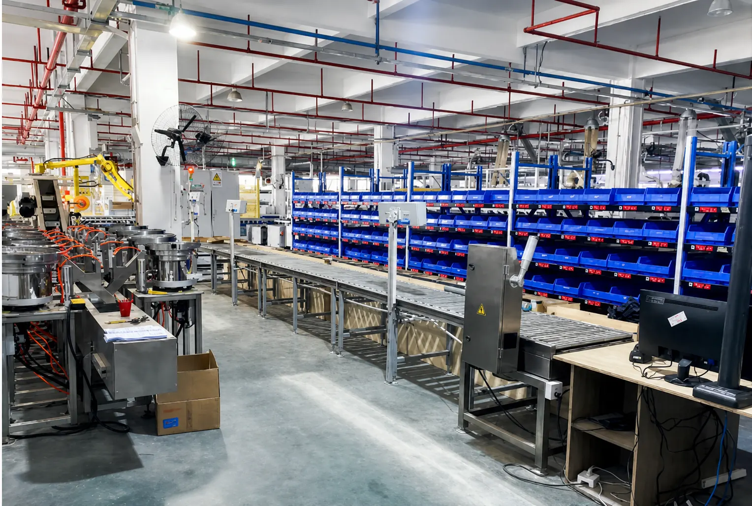 Automated hardware sorting line with organized component bins