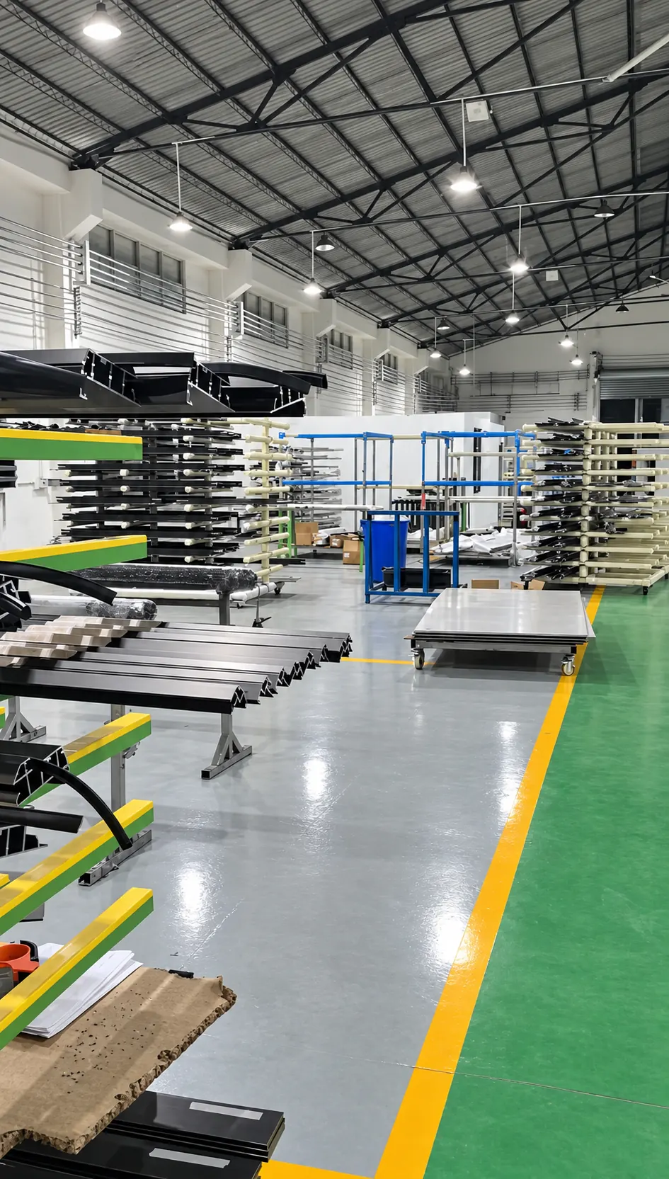 Prepared metal components and panels beside a clear workshop aisle