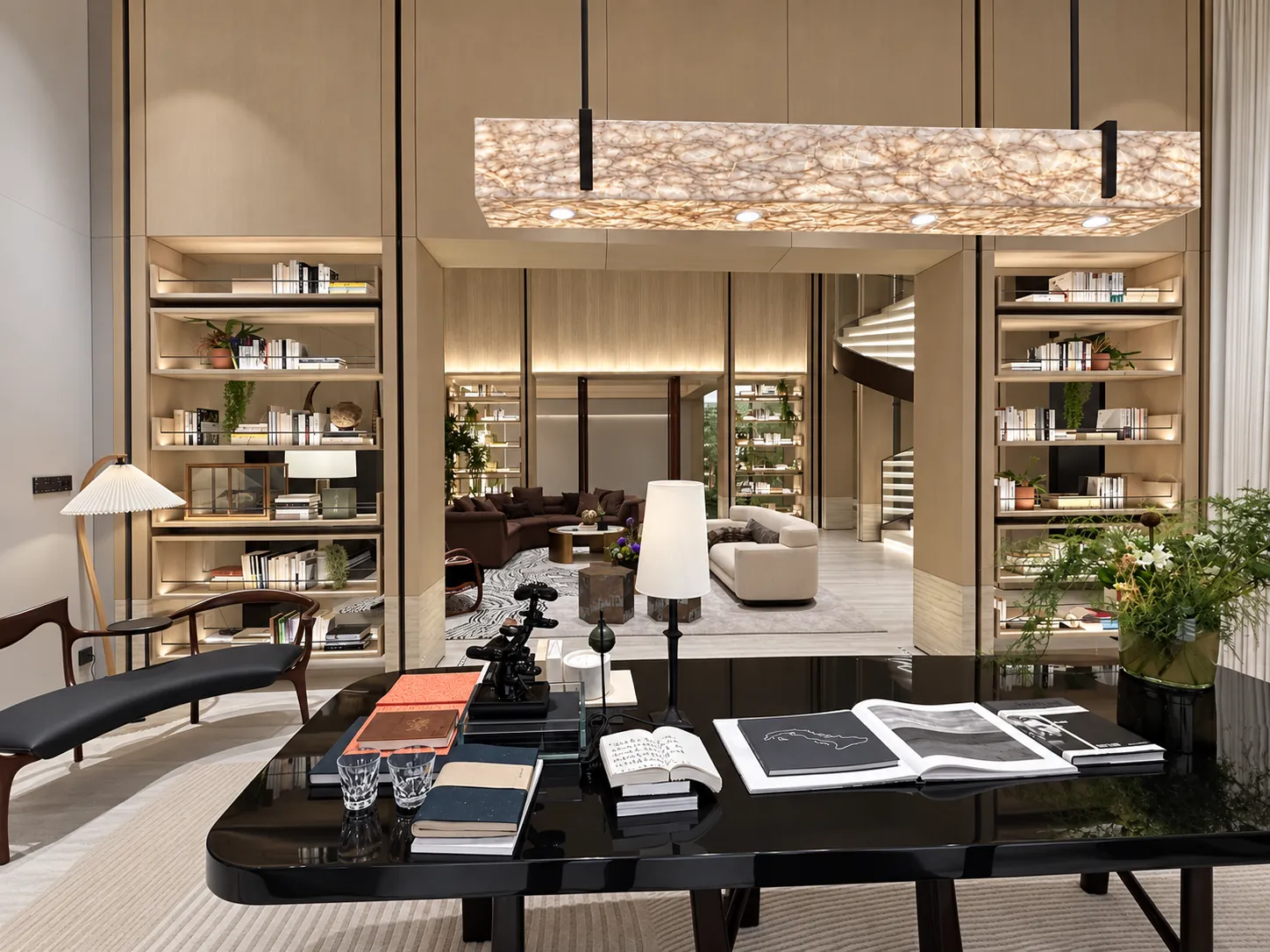 Illuminated display cabinetry surrounding a residential living space