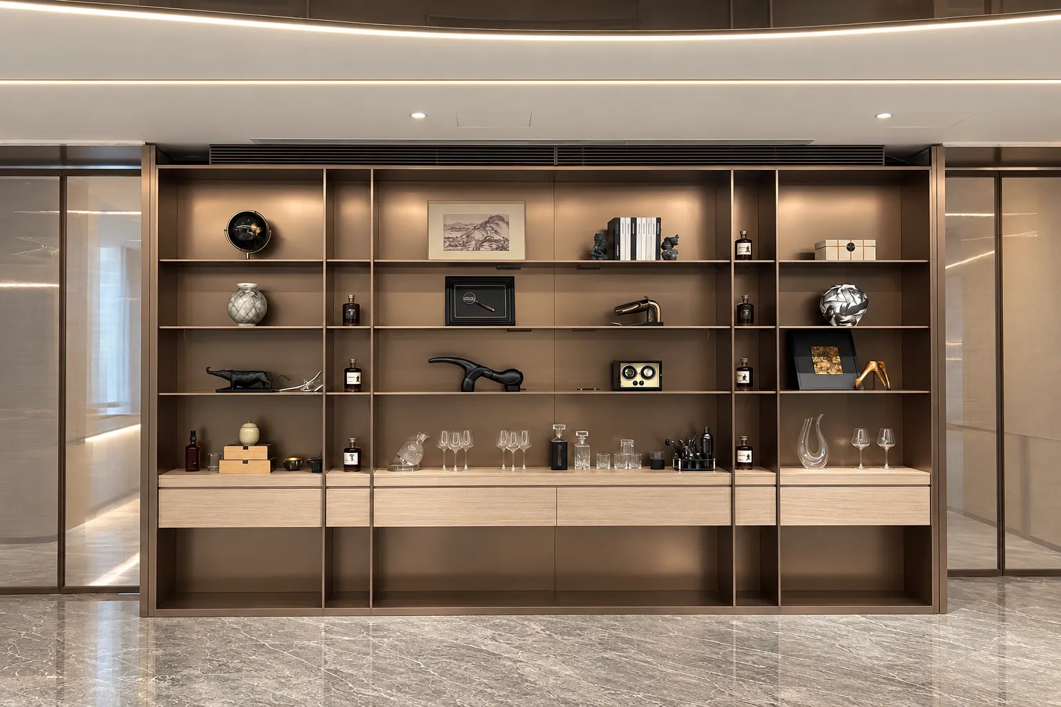 Open living and dining cabinets